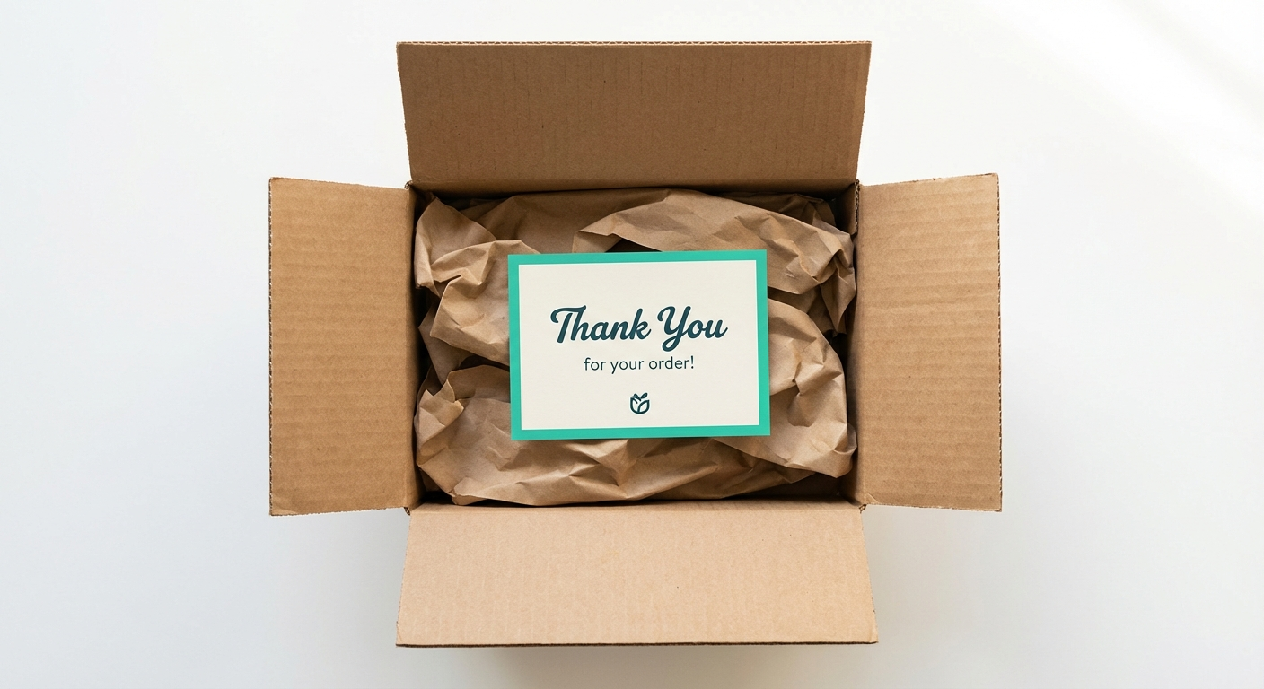 Amazon product insert card inside an open shipping box