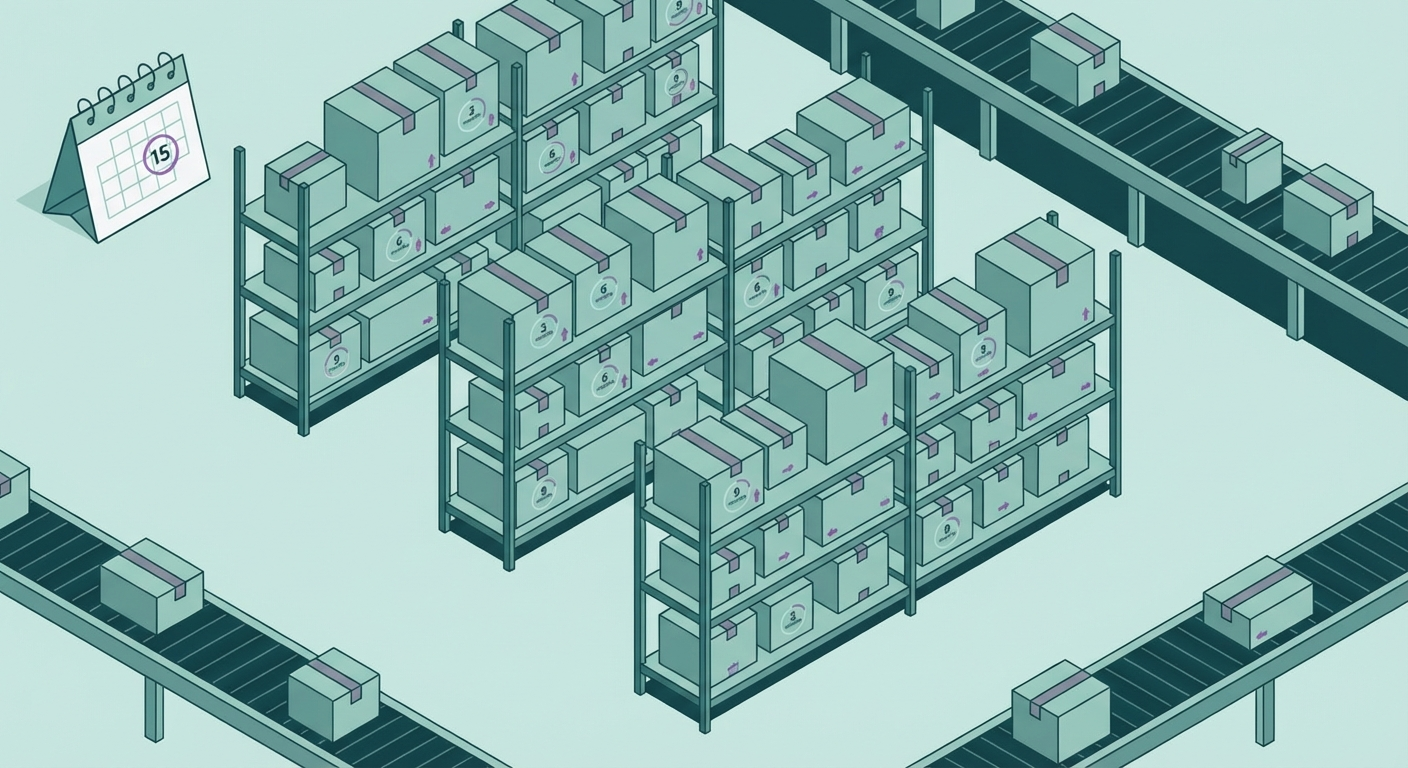 Amazon FBA warehouse with aging inventory timeline and calendar